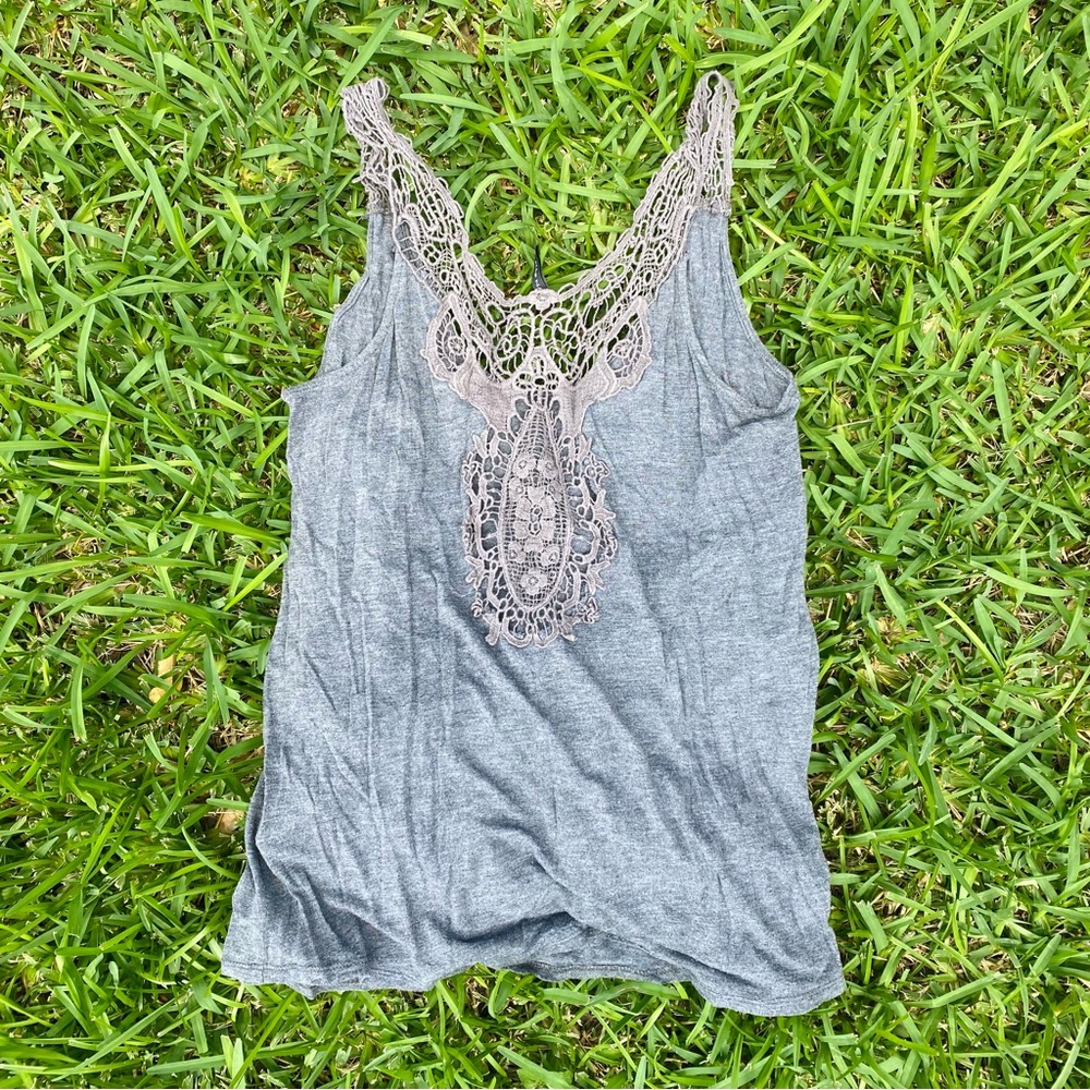 Vintage grey tank top with lace cutouts